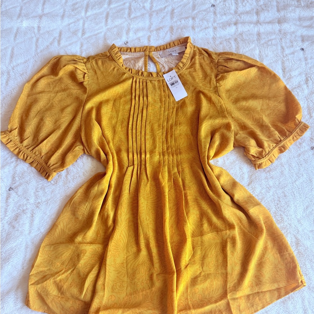 LOFT Mustard Yellow Puff-Sleeve Pintuck Blouse